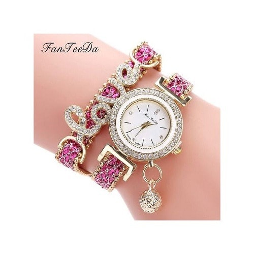 Love Word Leather Strap Ladies Bracelet Watch - Pink