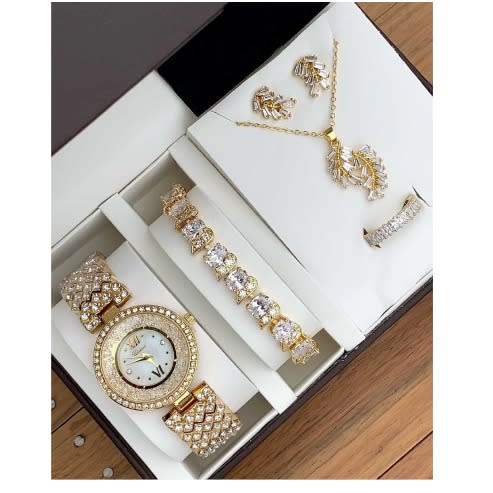 Set Of Gold Wristwatch, Necklace, Bracelet, Earrings And Ring