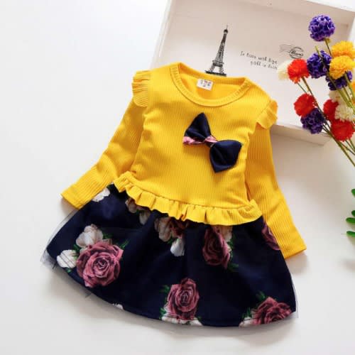 Girl's Dress Decorated With Roses - Yellow