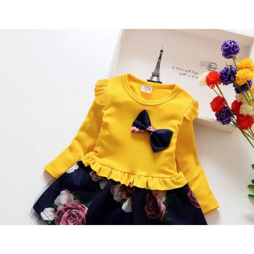 Girl's Dress Decorated With Roses - Yellow