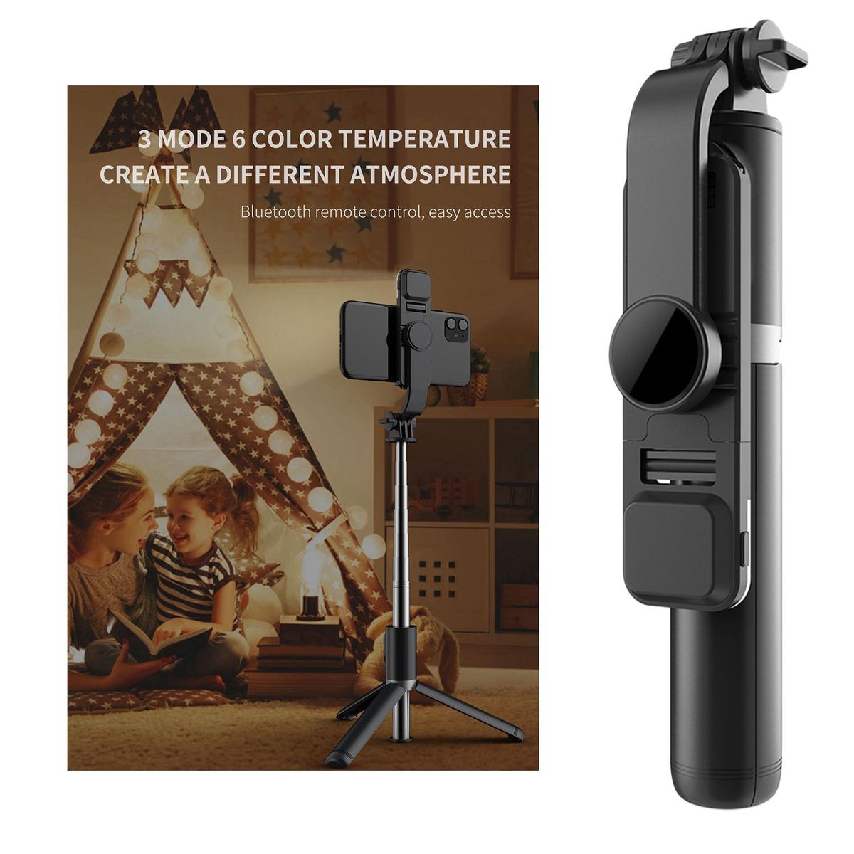 Portable Extendable Selfie Stick Monopod Tripod Black+Fill Light