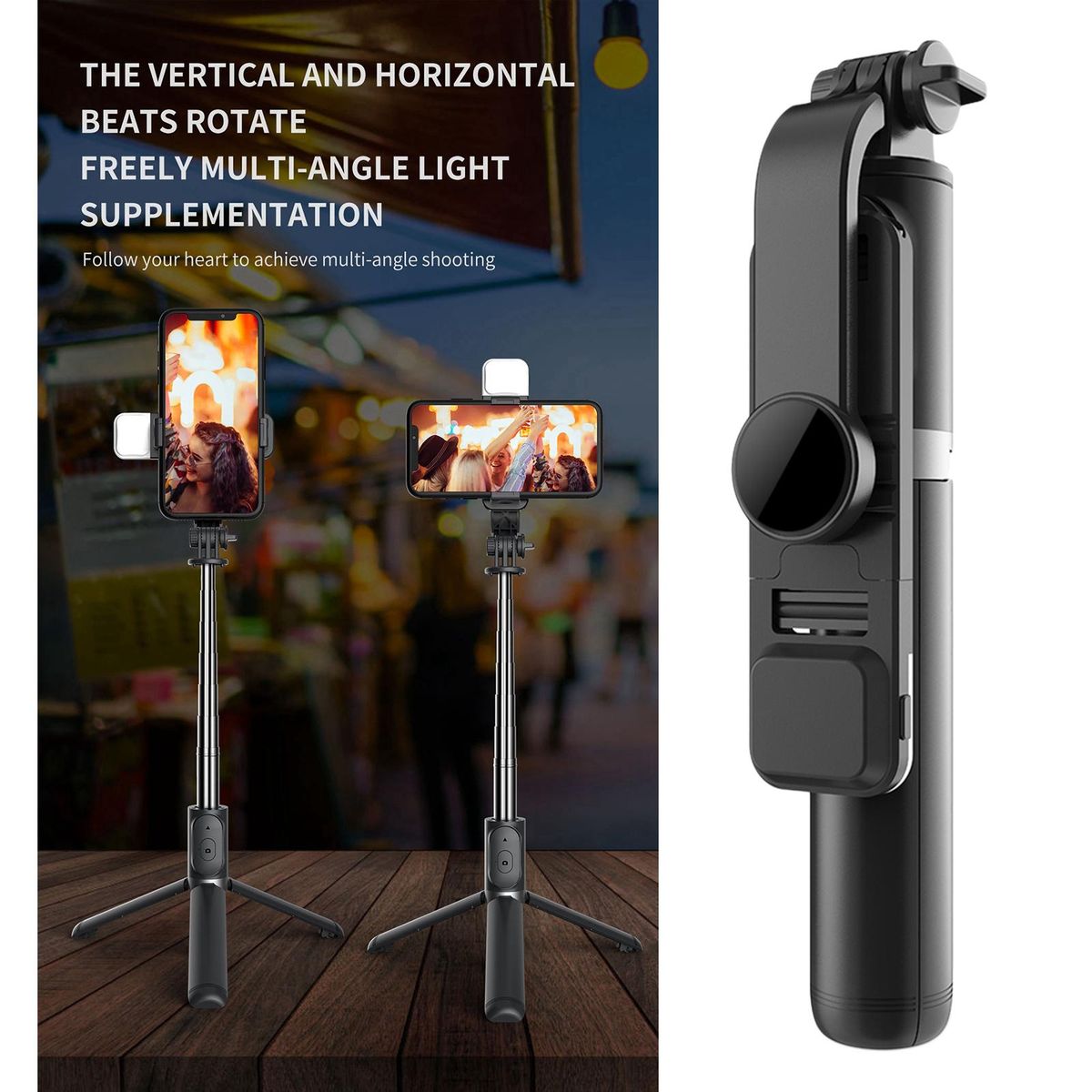 Portable Extendable Selfie Stick Monopod Tripod Black+Fill Light