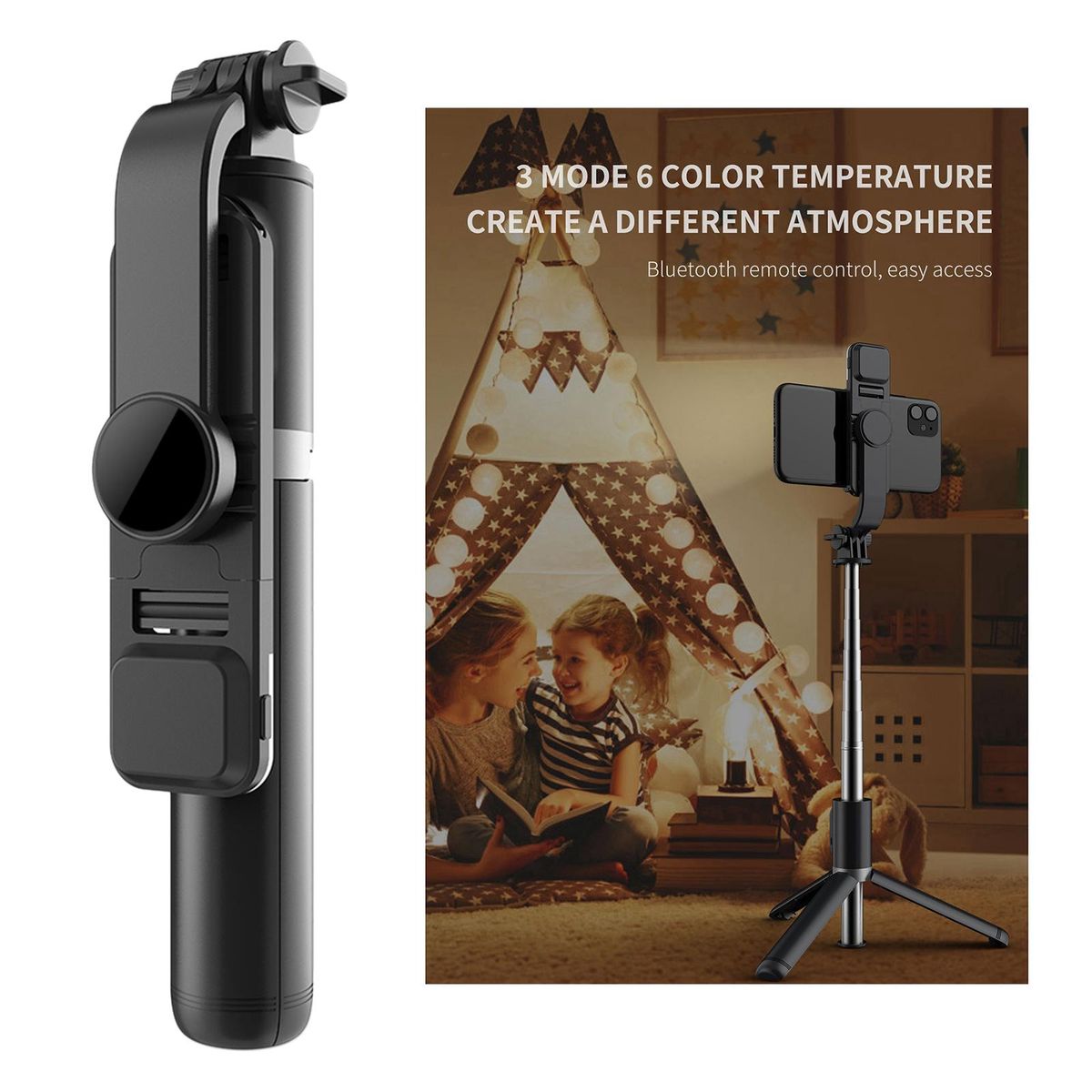 Portable Extendable Selfie Stick Monopod Tripod Black+Fill Light