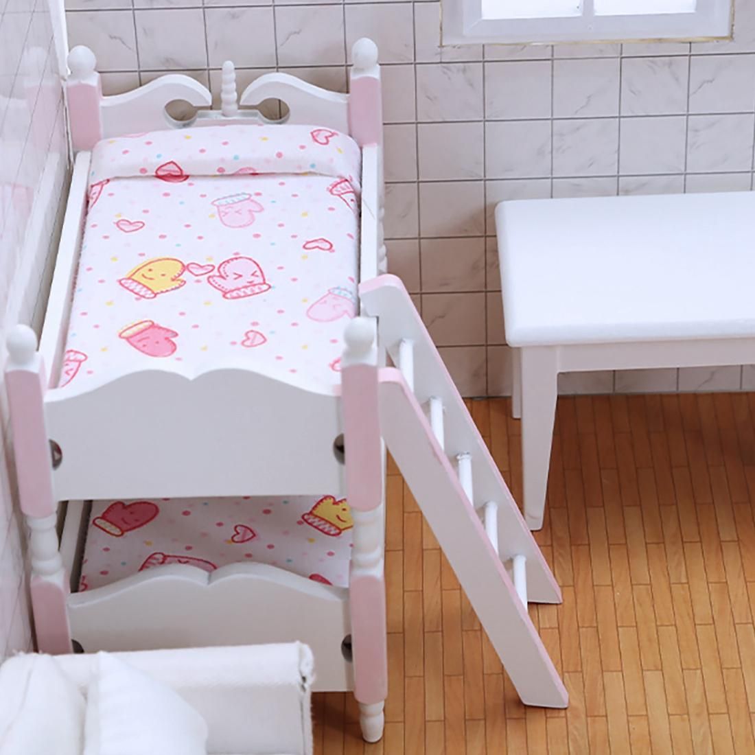 1/12 Dollhouse Miniature Accessories Mini Wooden Bunk Bed