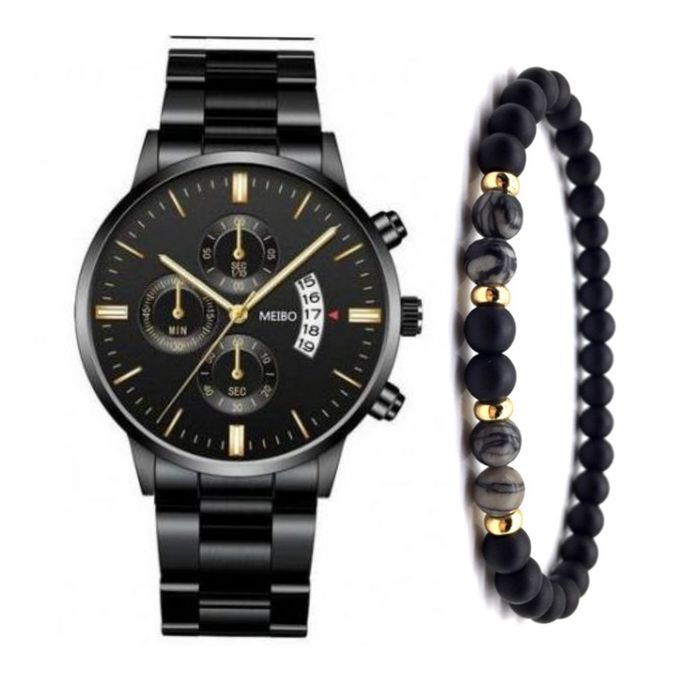 2 In 1 Luxury Fashion Men Women Unisex Black Plated Watch & Bracelet