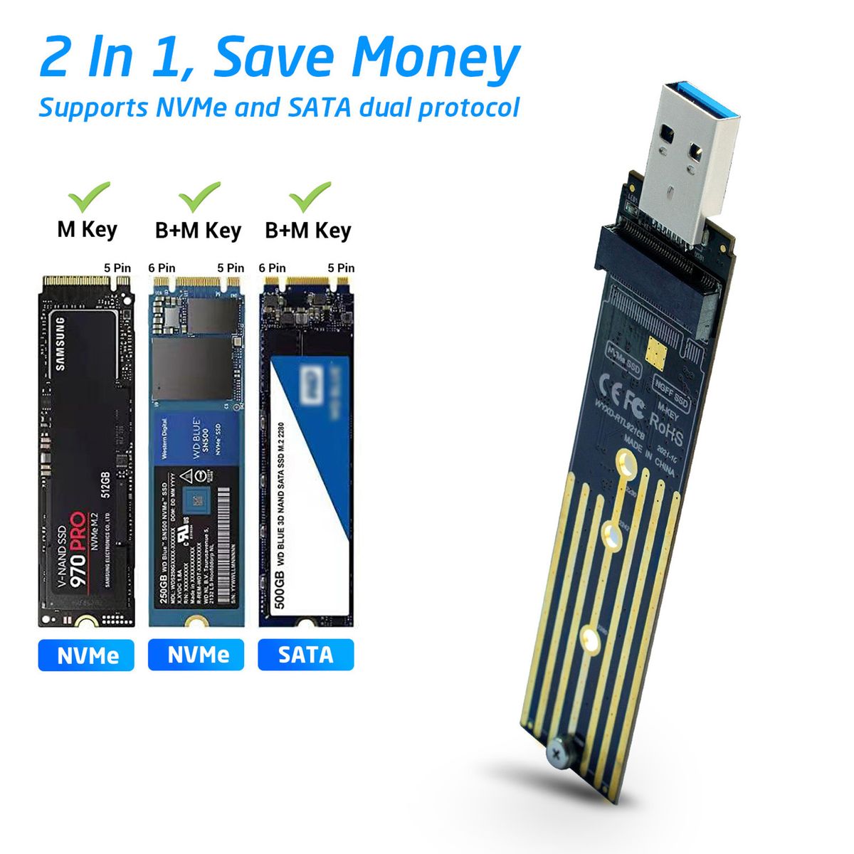 NVMe PCIe To USB3.1 Type A M.2 In-line Adapter Board 2 In 1