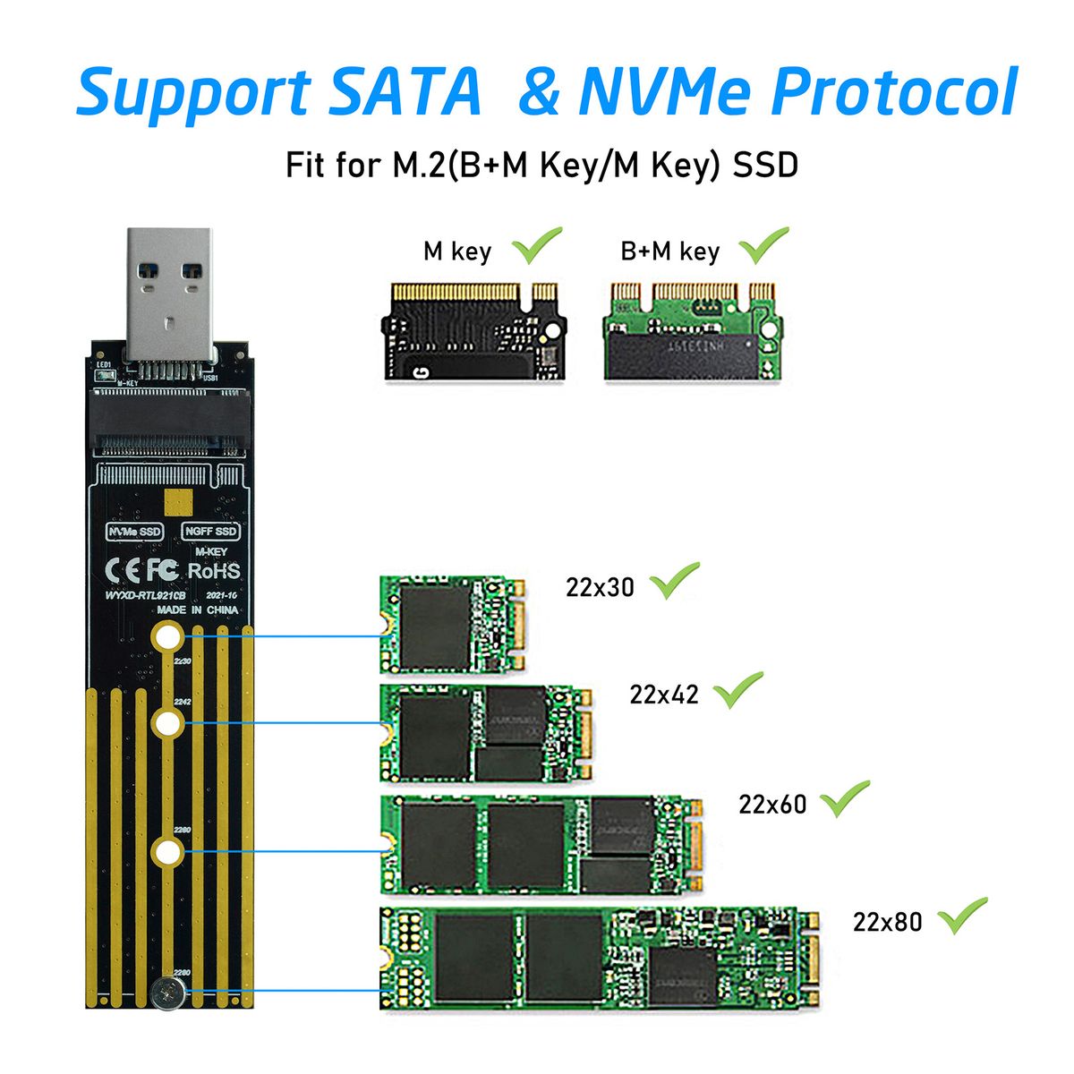 NVMe PCIe To USB3.1 Type A M.2 In-line Adapter Board 2 In 1