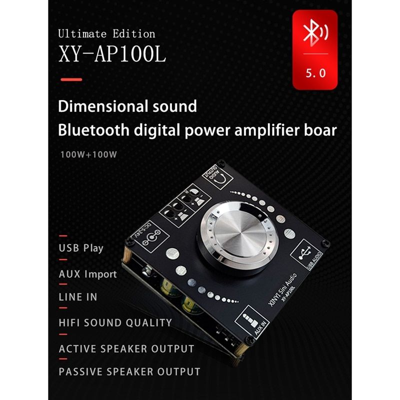 XY-AP100L 100WX2 Bluetooth 5.0 Stereo Amplifier Board AUX USB Sound Card Digital Power Amp Amplificador DC 12V 24V