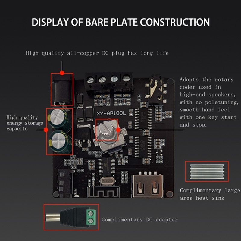 XY-AP100L 100WX2 Bluetooth 5.0 Stereo Amplifier Board AUX USB Sound Card Digital Power Amp Amplificador DC 12V 24V