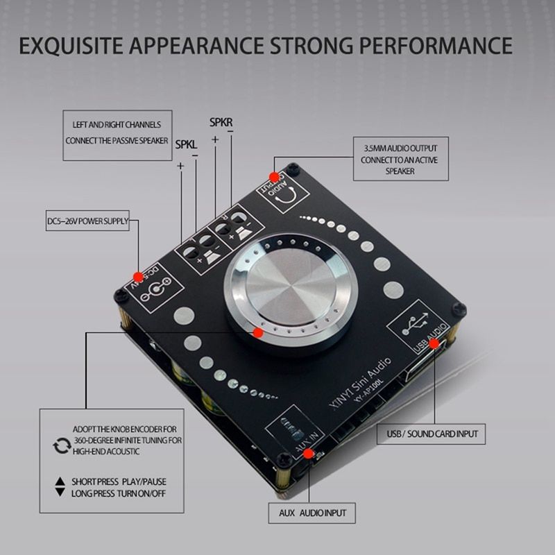 XY-AP100L 100WX2 Bluetooth 5.0 Stereo Amplifier Board AUX USB Sound Card Digital Power Amp Amplificador DC 12V 24V