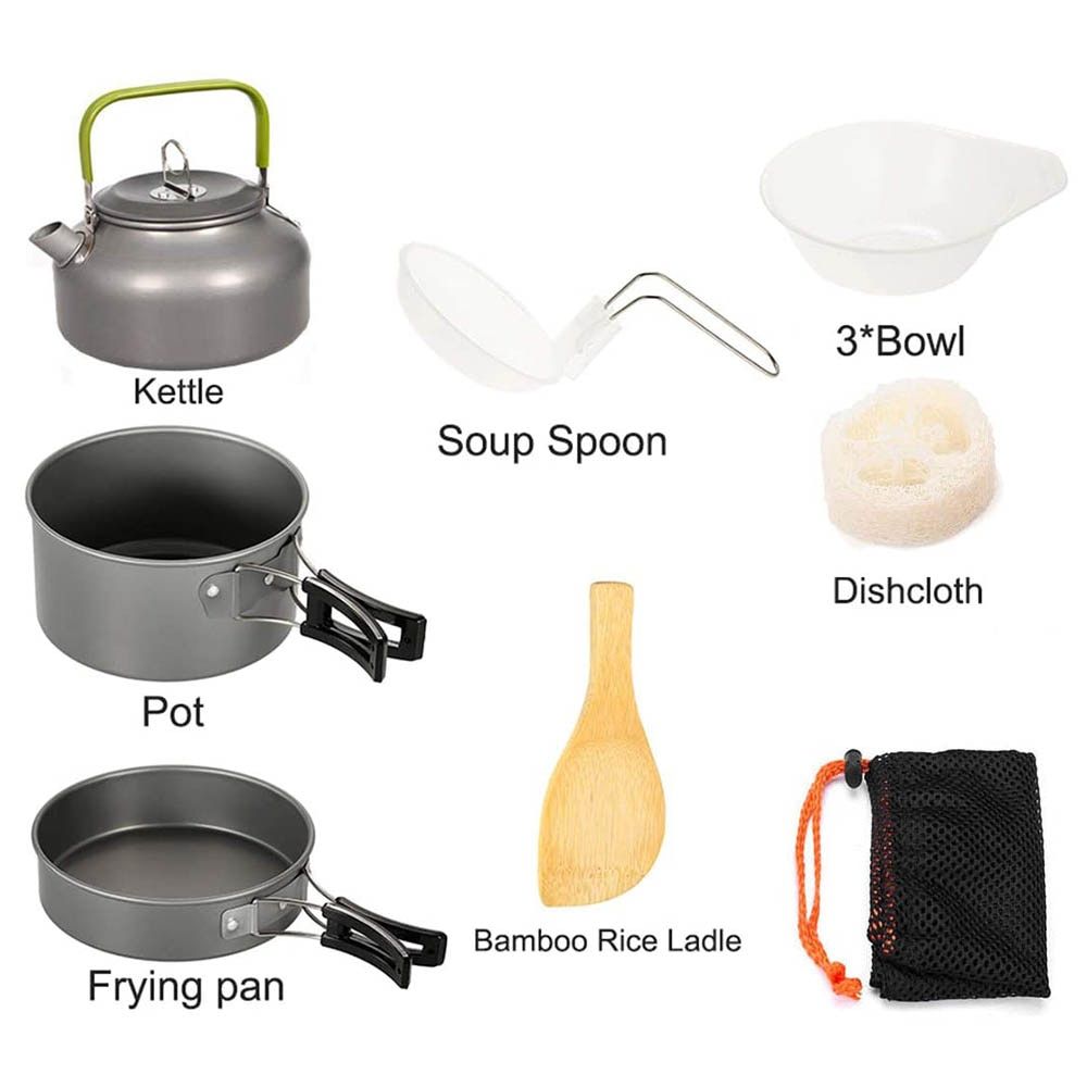 Camping Cooker Set Cookware Kit Gas Burner Outdoor Pot Pan Stove Kettle Cups Tableware Tourist Dishes Nature Hike Equipment
