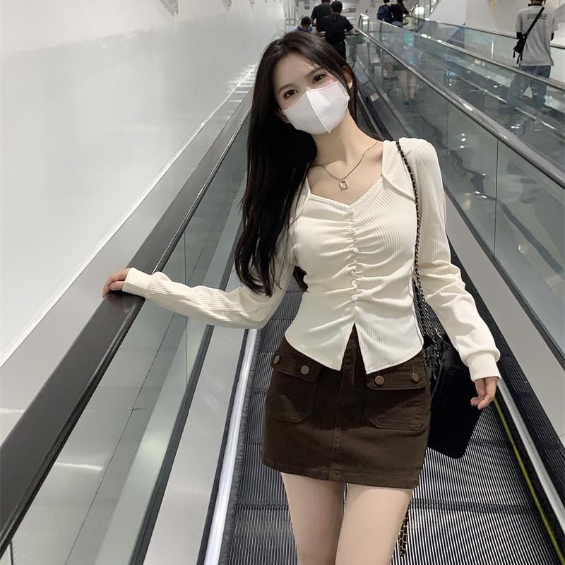 Plus Size Temperament Pleated Square Neck T-shirt Bottoming Shirt for Women Autumn and Winter 2022 New Design Sense Long Sleeve Short Top