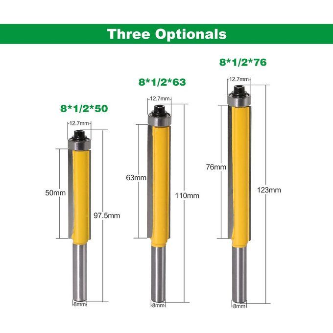 8MM Shank Lengthened Flush Trim Router Bit W/ Bearing For Wood Milling Cutter Silver