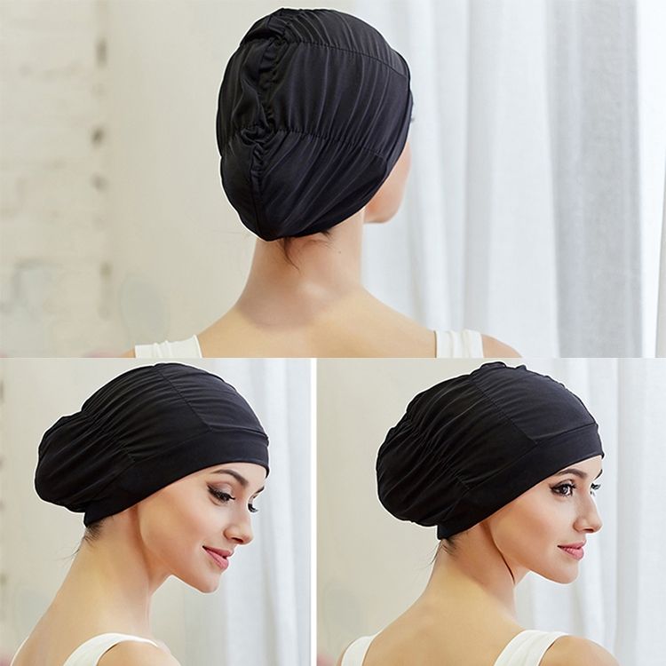 Women Earmuffs Pleated Cloth Swimming Cap