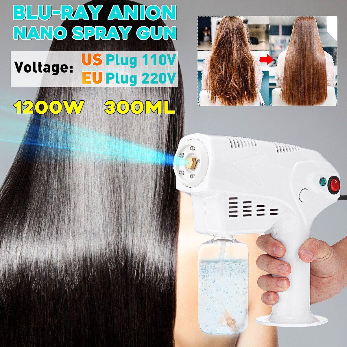 1200W 300ML Portable Nano Steam Sprayer Blue Ray Anion Disinfection Machine Hair Care Deep Cleaning Facial Cleaner Beauty Skin Care SPA Tools 110V