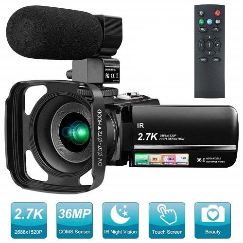 2.7k Live Stream Night Vision 36MP Touch Screen Camcorder With Mic + Wide Angle Lens & Lens Hood