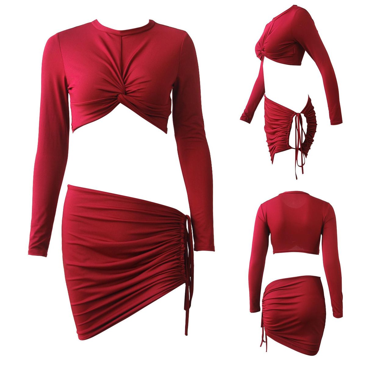 Women Crop Top and Mini Skirt Set Long Sleeve Drawstring Irregular 2PCS for Party Club