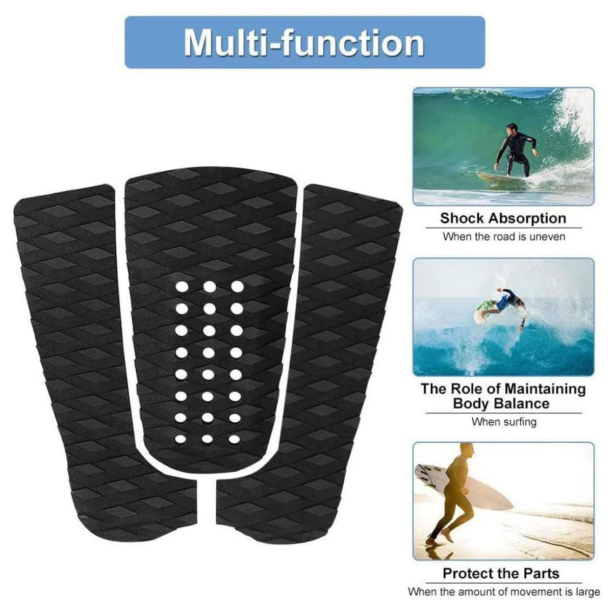 3PcsSet Surfing Board Pads Non-slip Surfing Board Cushions Black