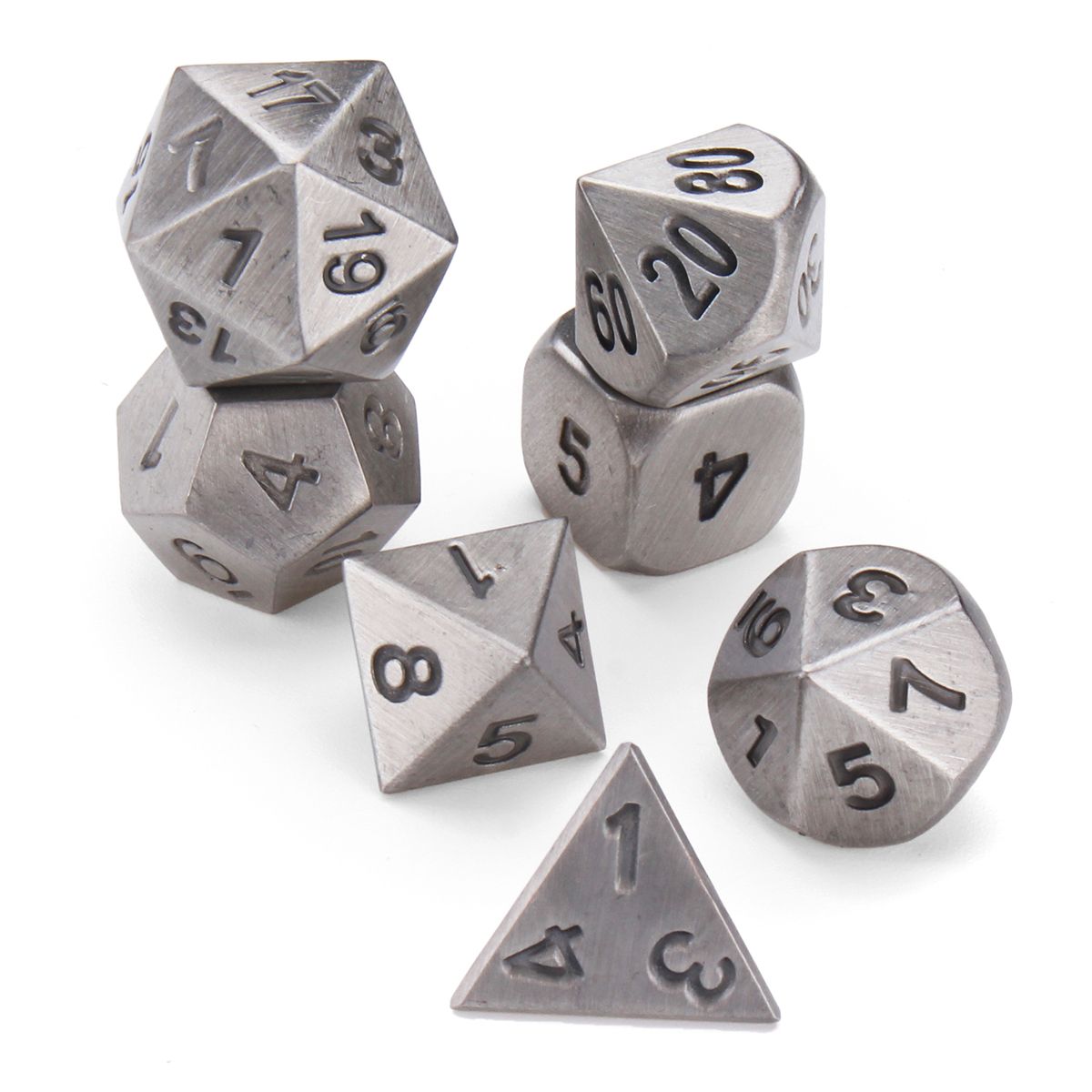 Embossed Antique Metal Polyhedral Dice Role Playing Game Party W/ Bag Ancient Tin