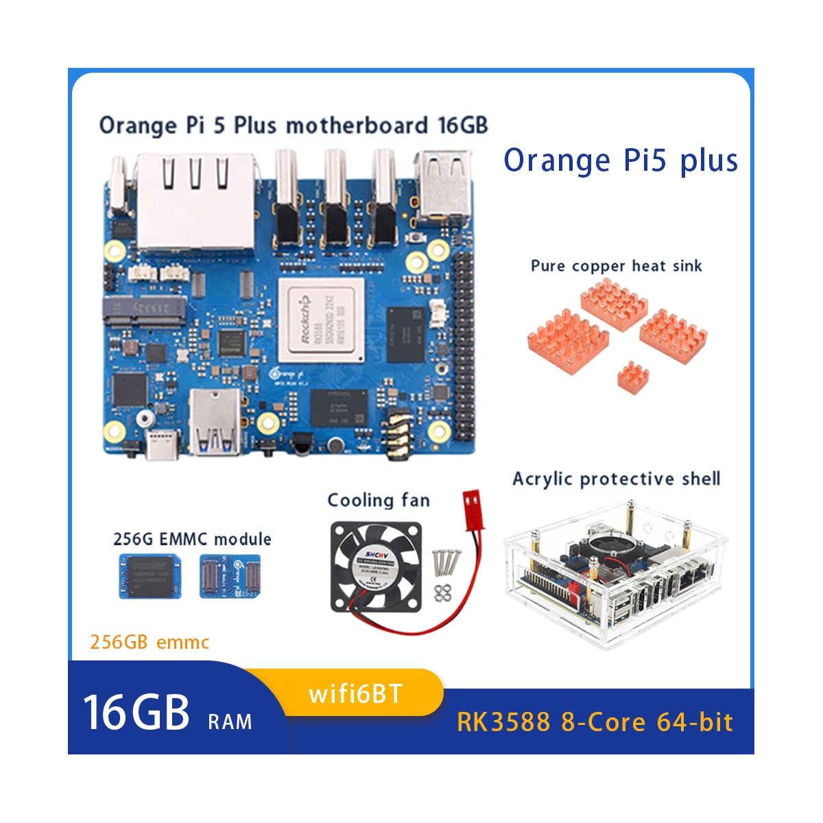 Orange Peel 5 Plus 16GB RAM + 256GB Emmc Module RK3588 Octa-Core 64-Bit Supports 8K Video 2.5G Supports WiFi6 Module Kit