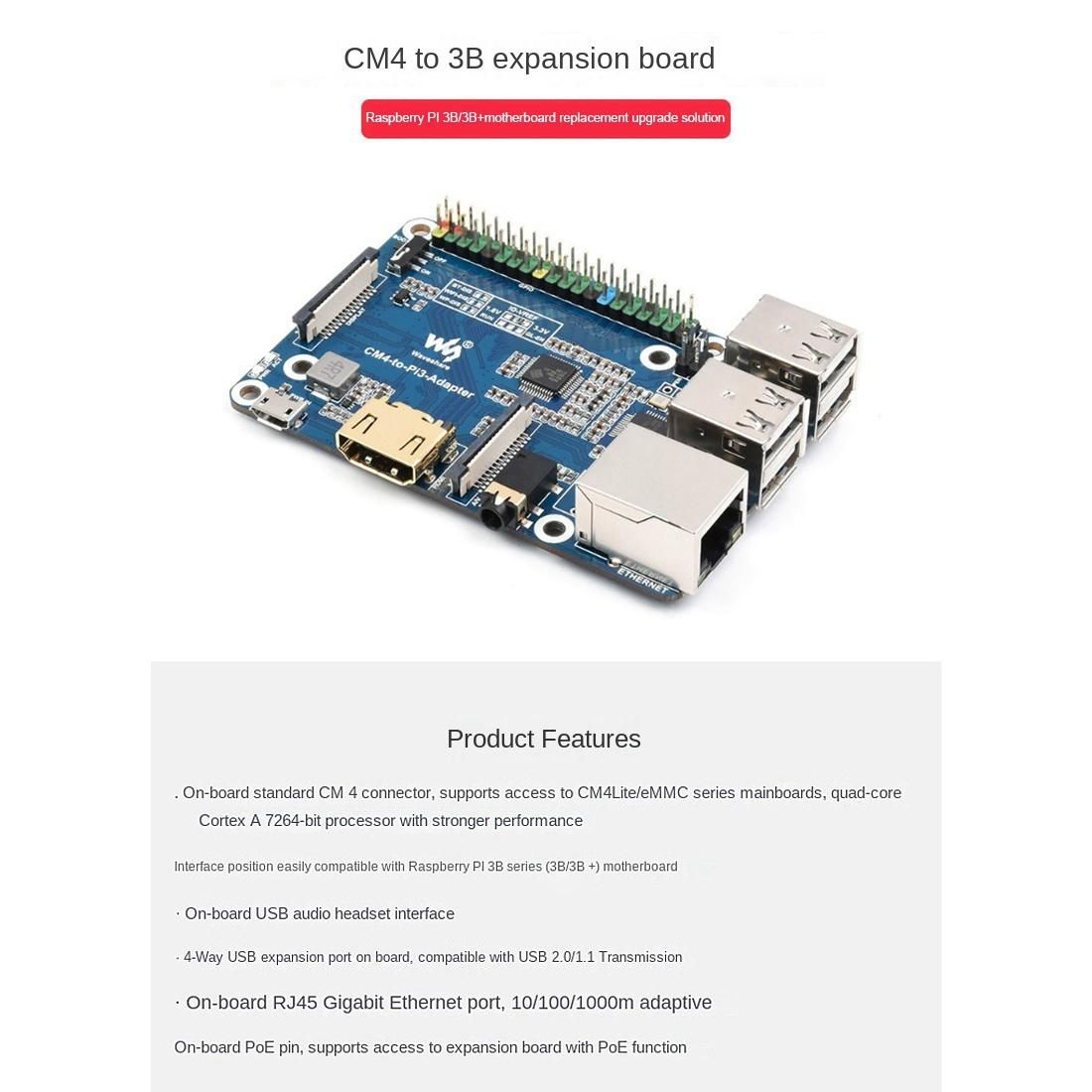 Waveshare CM4 to 3B Expansion Board for Raspberry Pi 3 Model B/B+ Motherboard Expansion Supports Access to CM4 Lite/EMMC Series