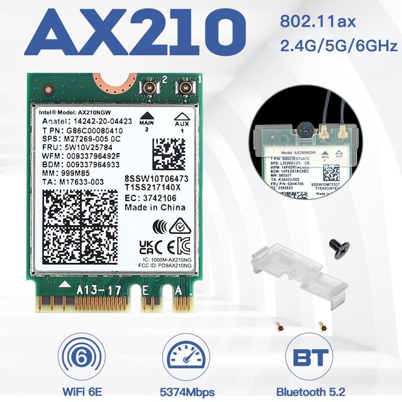5374Mbps Wifi 6E Intel AX210 Pcie Wireless Adapter Bluetooth 5.3 Intel Ax210ngw