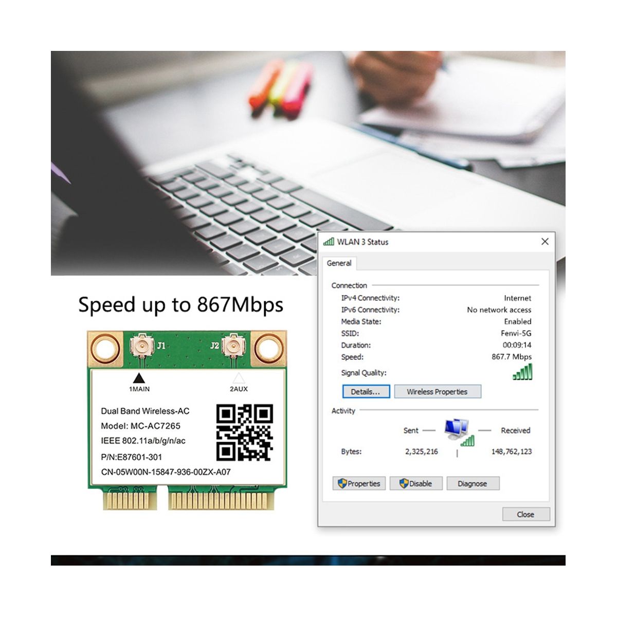 1200Mbps Wireless -AC7265 Dual Band Mini PCI-E WiFi Card