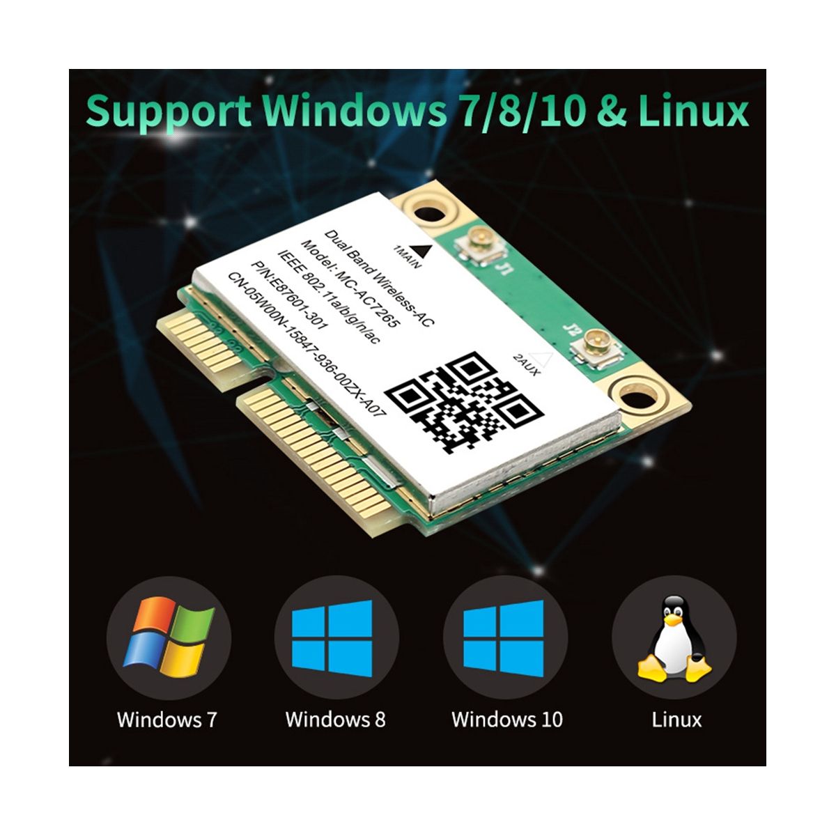 1200Mbps Wireless -AC7265 Dual Band Mini PCI-E WiFi Card