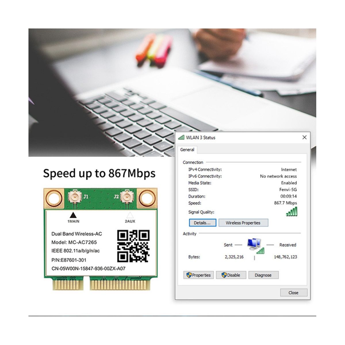 1200Mbps Wireless -AC7265 Dual Band Mini PCI-E WiFi Card