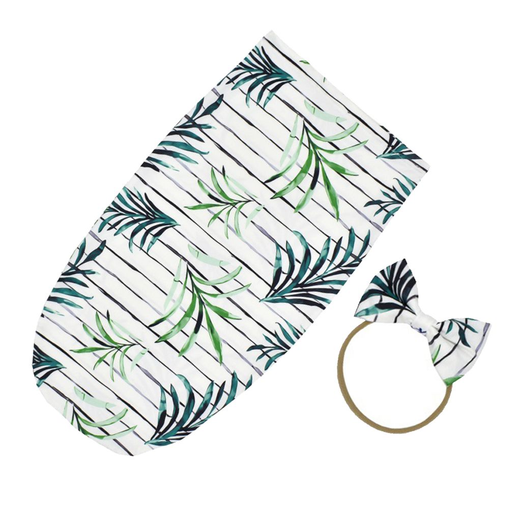 Stretchy Baby Floral Swaddle Sack Hairband Blanket For Infants 0 Green
