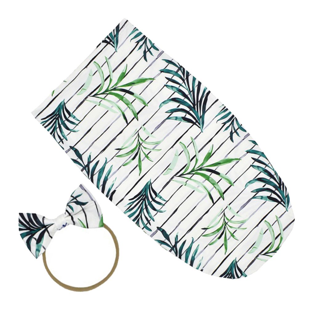 Stretchy Baby Floral Swaddle Sack Hairband Blanket For Infants 0 Green