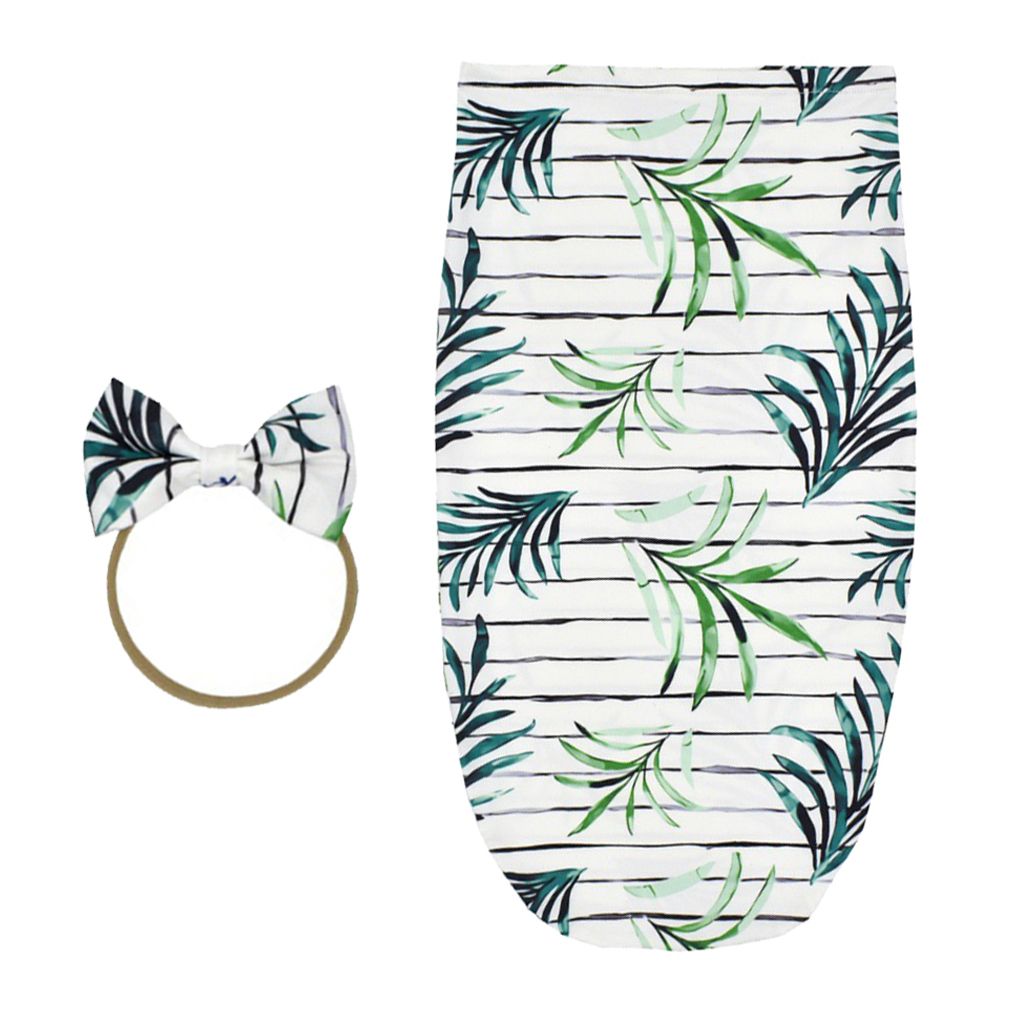 Stretchy Baby Floral Swaddle Sack Hairband Blanket For Infants 0 Green