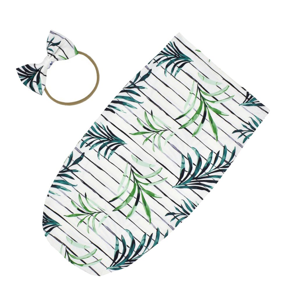 Stretchy Baby Floral Swaddle Sack Hairband Blanket For Infants 0 Green