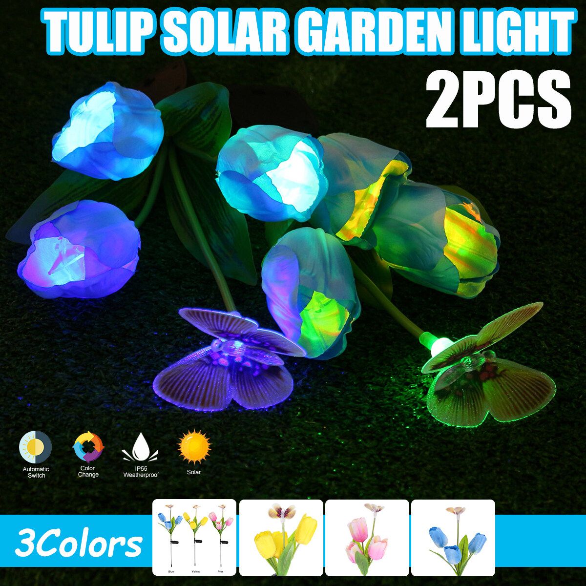 2PCS Multi- Changing Tulip Solar Garden Light Flowers & Butterfly Outdoor Decorative Stake LED Lights For Patio Yard Lawn Pathway Blue 2PCS