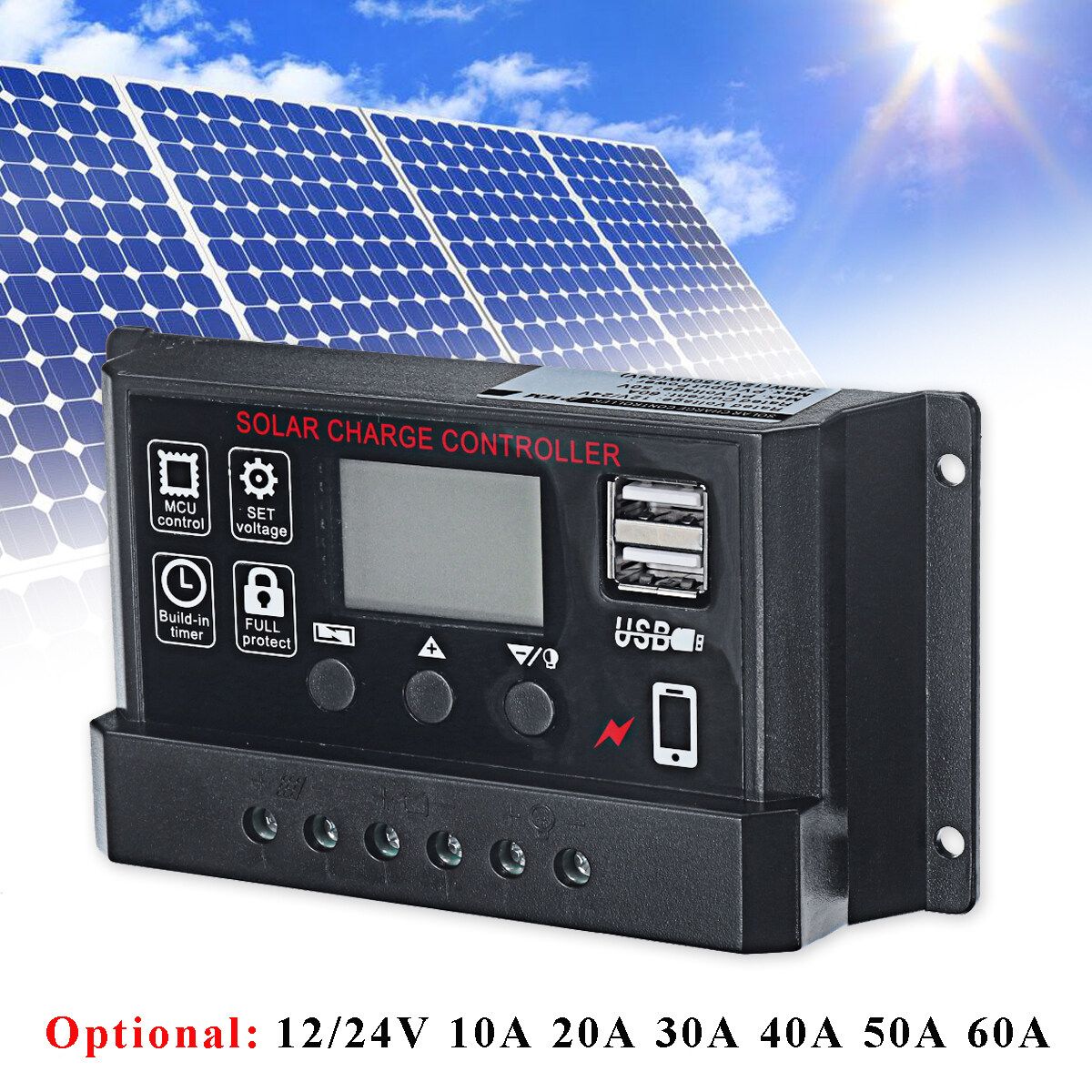 12/24V Adjustable Solar Charge Controller LCD Panel Regulator Dual 40A