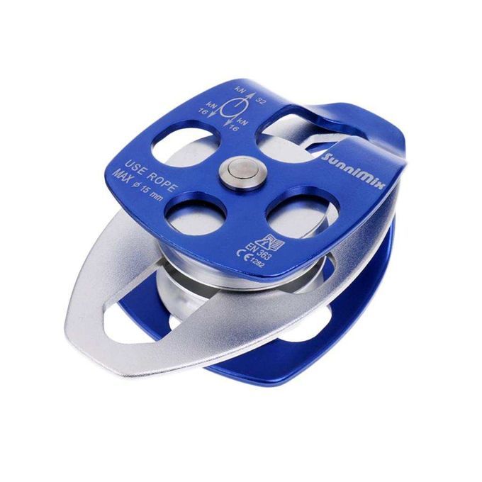 32KN Alloy Double Pulley For Hauling System Climbing Rigging   Blue