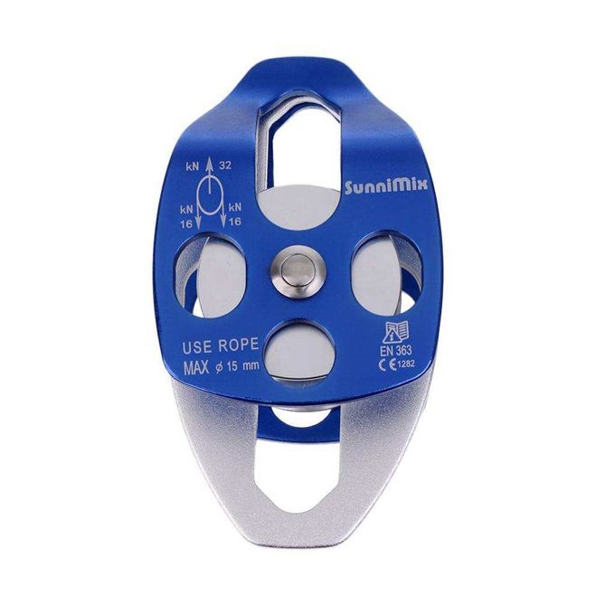 32KN Alloy Double Pulley For Hauling System Climbing Rigging   Blue