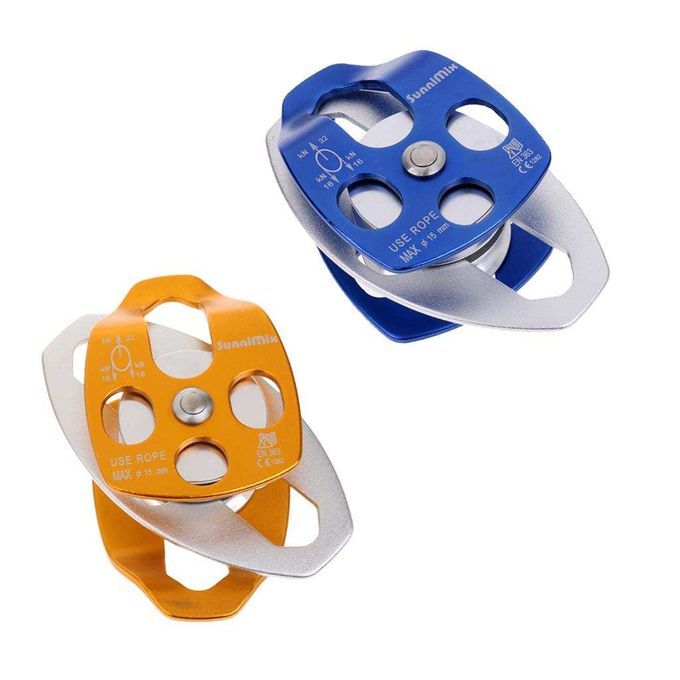 32KN Alloy Double Pulley For Hauling System Climbing Rigging   Blue