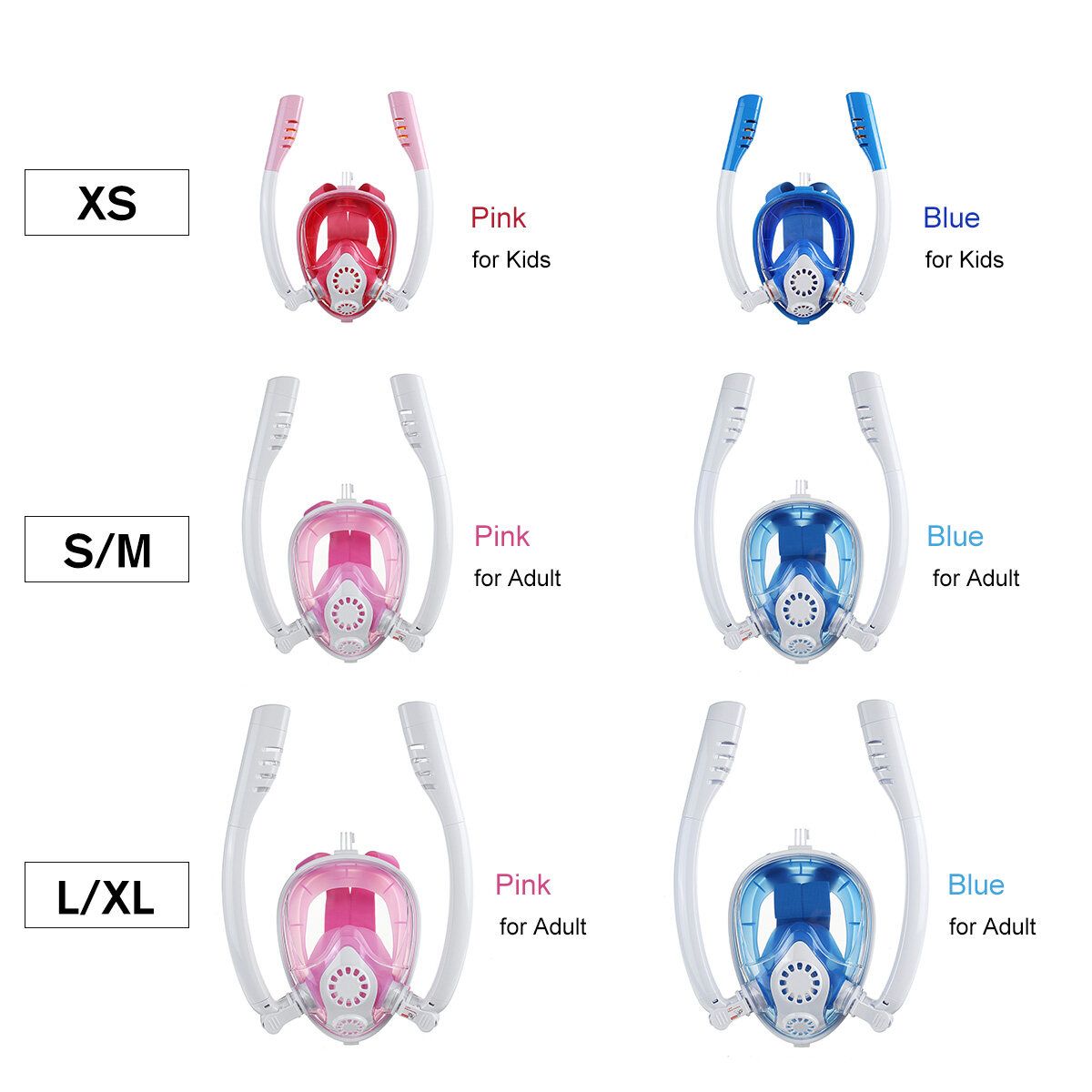 180° TWO Intake Tubes Silicone Diving Mirror Anti Fog Detachable Dry Snorkeling Full Face Set Scuba Diving Underwater Wide View Snorkel Swimming [XS/S/M/L/XL] For Adult Youth Child Pink L XL For Adult