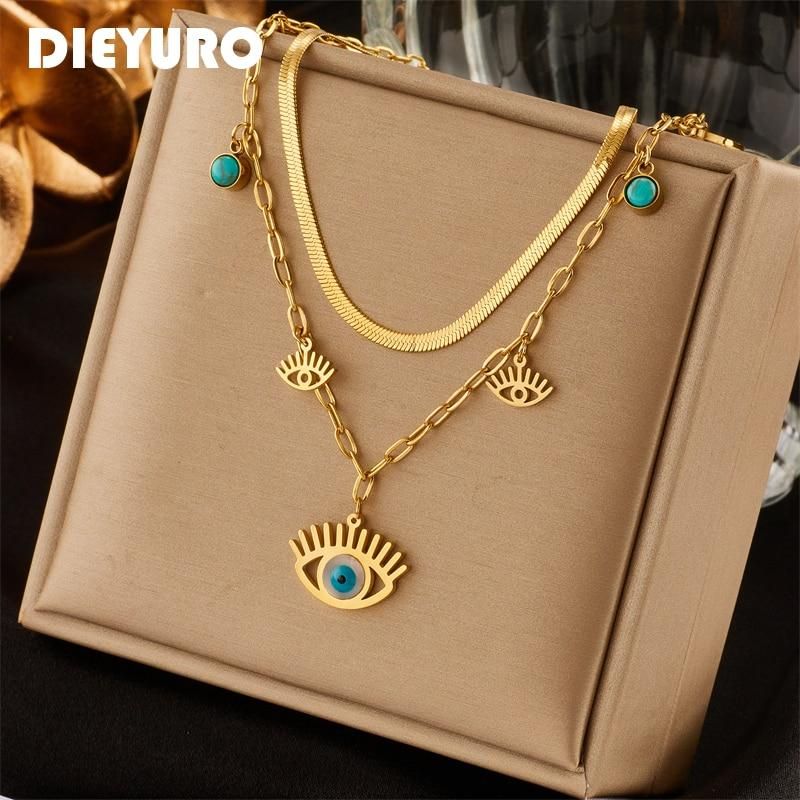DIEYURO 316L Stainless Steel Blue Eye Shape Pendant Necklace For Women Fashion Gold Color Girls Jewelry Wedding Party Accessorie