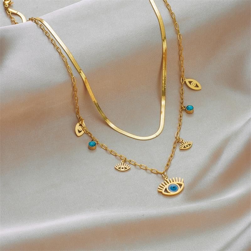 DIEYURO 316L Stainless Steel Blue Eye Shape Pendant Necklace For Women Fashion Gold Color Girls Jewelry Wedding Party Accessorie