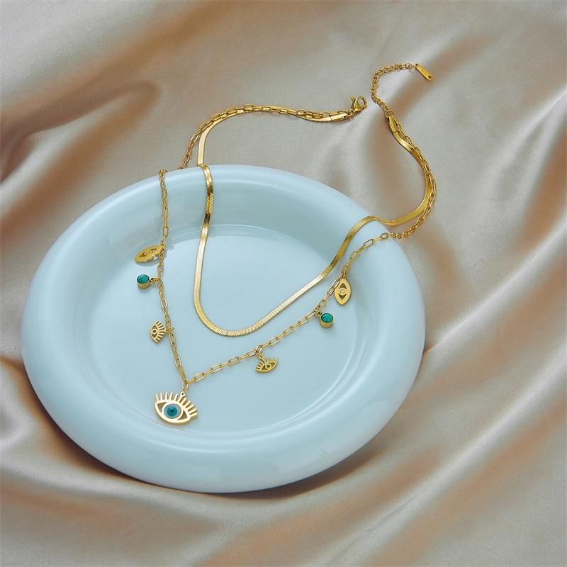 DIEYURO 316L Stainless Steel Blue Eye Shape Pendant Necklace For Women Fashion Gold Color Girls Jewelry Wedding Party Accessorie