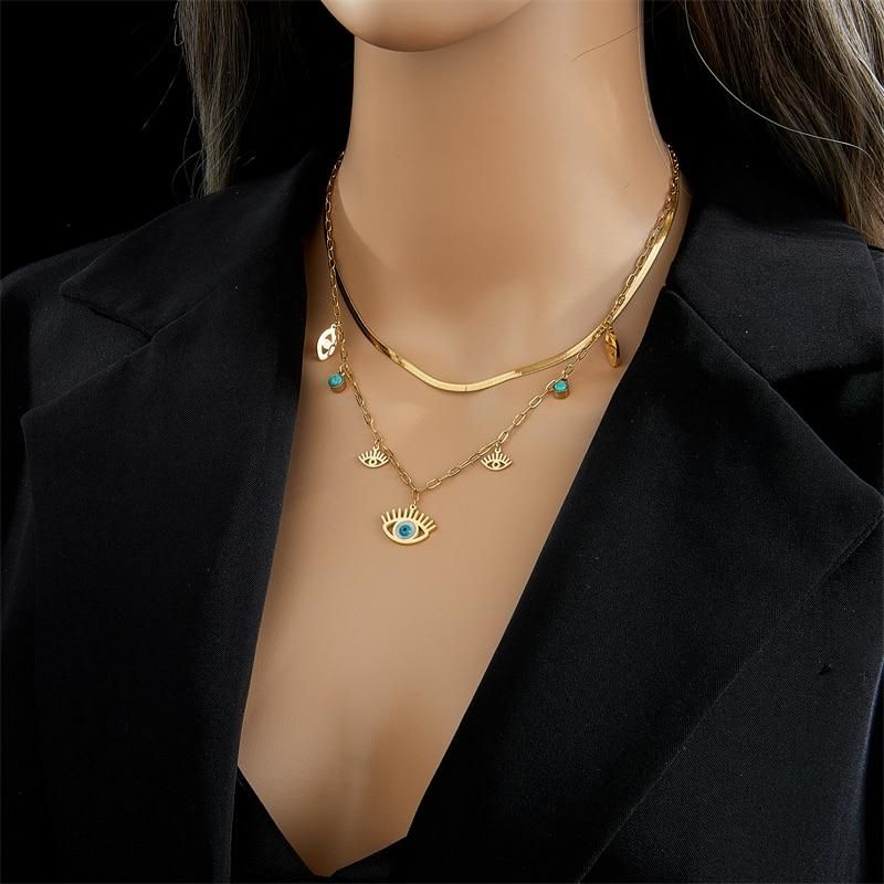 DIEYURO 316L Stainless Steel Blue Eye Shape Pendant Necklace For Women Fashion Gold Color Girls Jewelry Wedding Party Accessorie