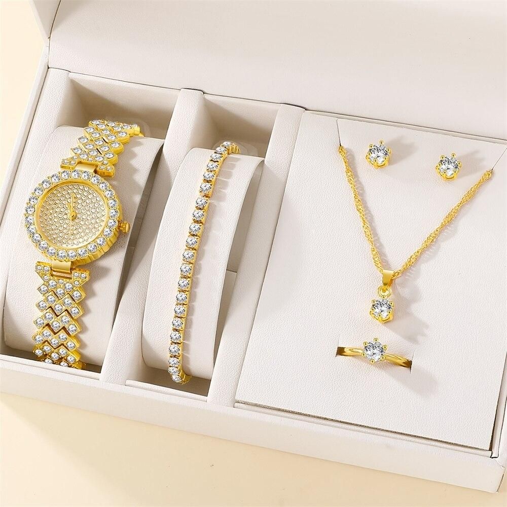 6pcs Watches Set Luxury Rhinestone Women Fashion Elegant Wristwatch Quartz Watch For Girl Ladies Clock Relogio Feminino