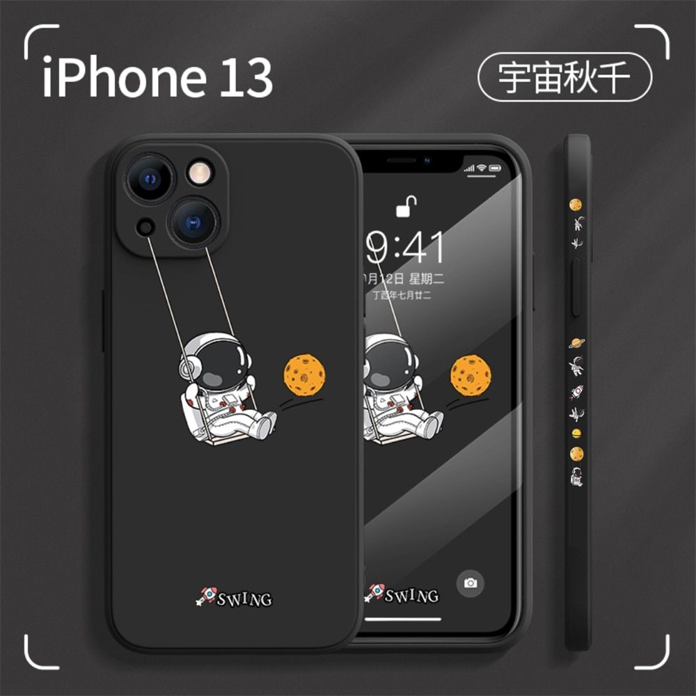 Cute Cartoon Swing Astronaut Silicone Phone Case For IPhone 14 13 12 11 Pro MAX X XS XR 7 8 Plus SE 3 Soft TPU Shockproof Cover-QQ Black