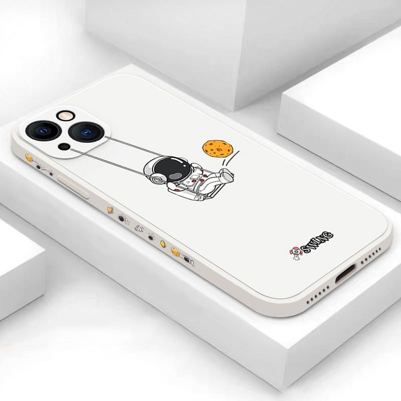 Cute Cartoon Swing Astronaut Silicone Phone Case For IPhone 14 13 12 11 Pro MAX X XS XR 7 8 Plus SE 3 Soft TPU Shockproof Cover-QQ Black
