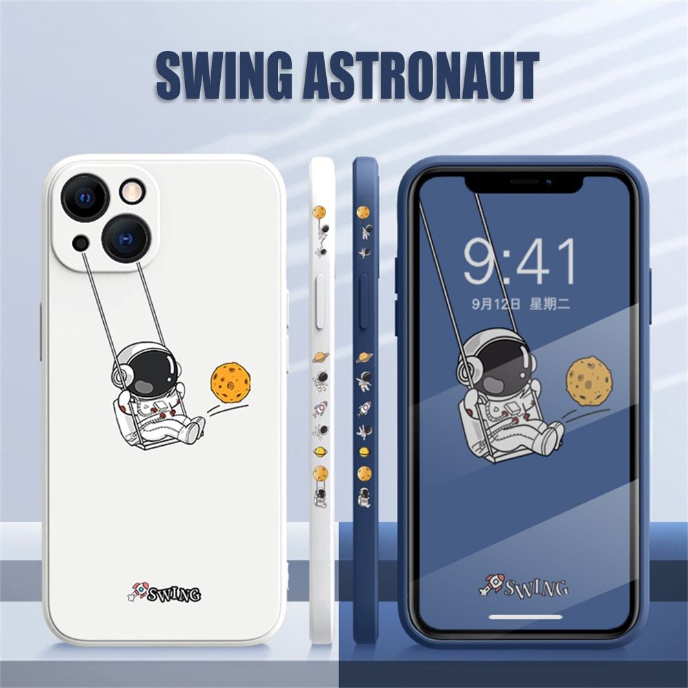 Cute Cartoon Swing Astronaut Silicone Phone Case For IPhone 14 13 12 11 Pro MAX X XS XR 7 8 Plus SE 3 Soft TPU Shockproof Cover-QQ Black