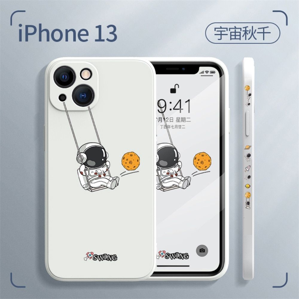 Cute Cartoon Swing Astronaut Silicone Phone Case For IPhone 14 13 12 11 Pro MAX X XS XR 7 8 Plus SE 3 Soft TPU Shockproof Cover-QQ Black