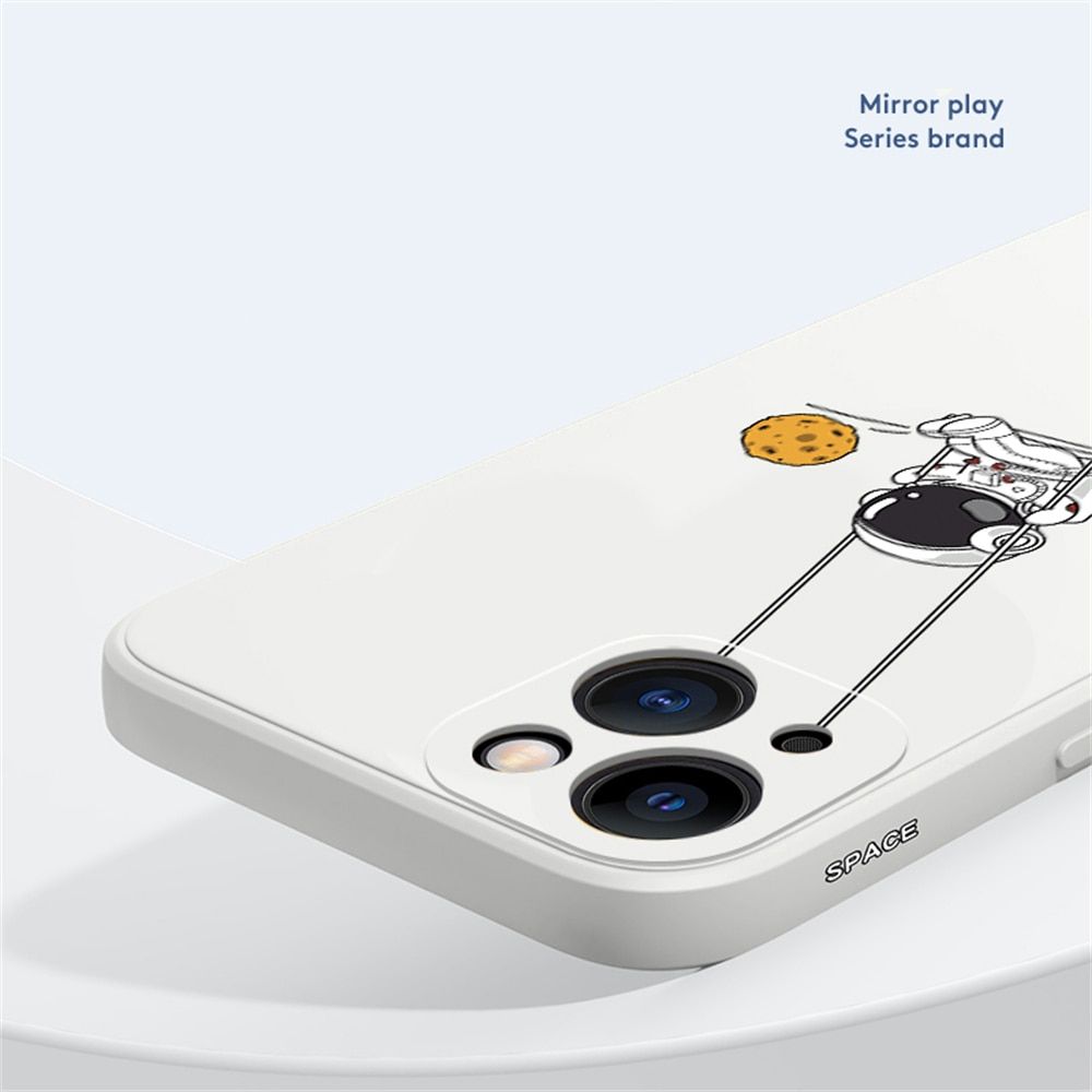 Cute Cartoon Swing Astronaut Silicone Phone Case For IPhone 14 13 12 11 Pro MAX X XS XR 7 8 Plus SE 3 Soft TPU Shockproof Cover-QQ Black