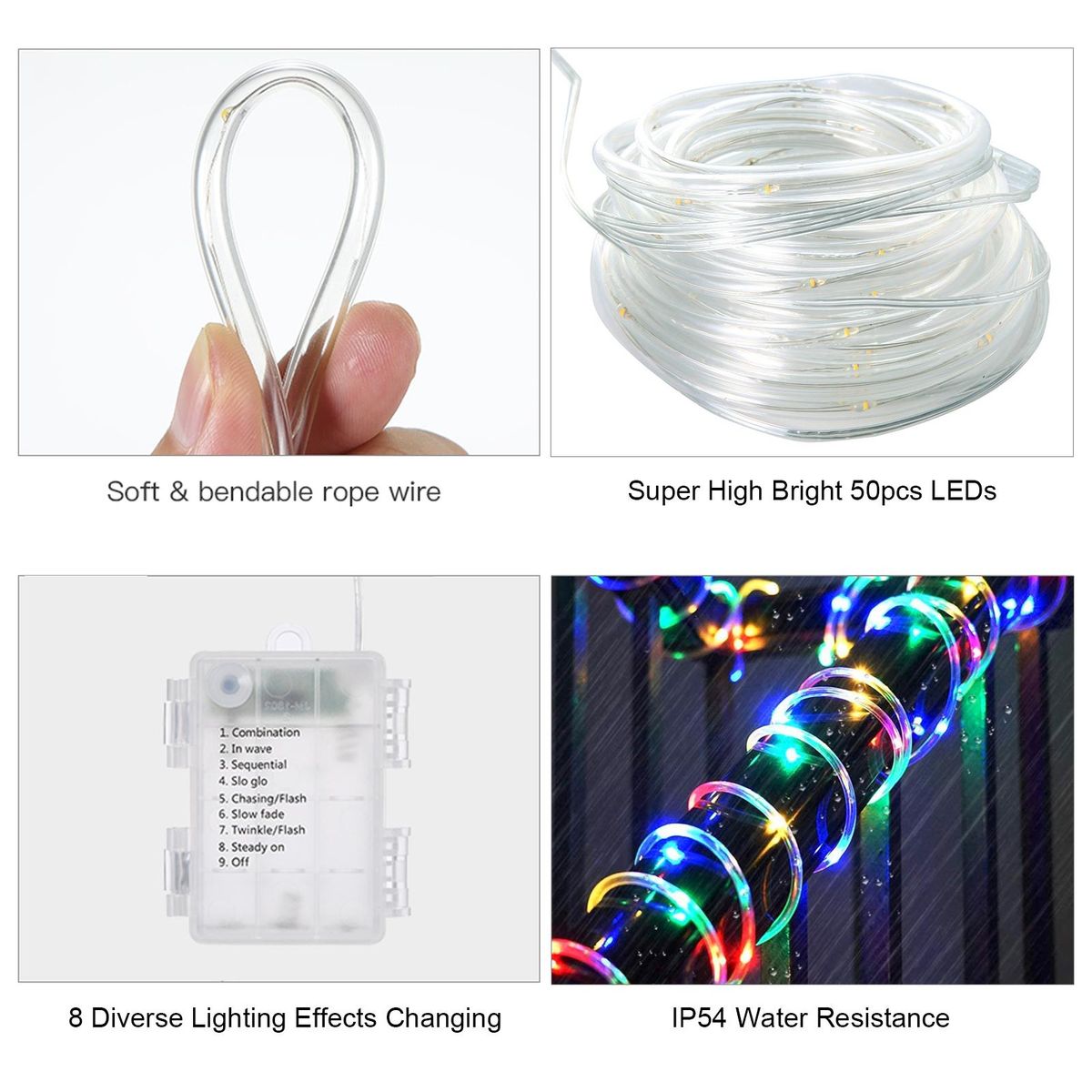 5Meters/16.4Ft 50LEDs Rope Light Combination In waves Sequential Slo-glo Chasing/flash Slow Fade Twinkle/flash Steadys on 8 Different Lighting Effects/ IP54 Water Resistance/ 3 * AA Cell Operated for Christmas Xmas Festival H
